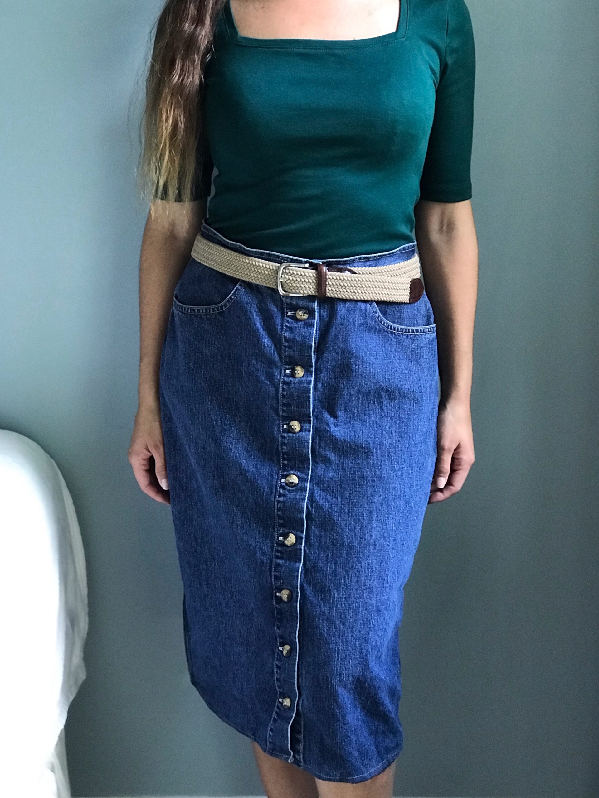 feminine fall outfit styling long denim skirt with square neck top