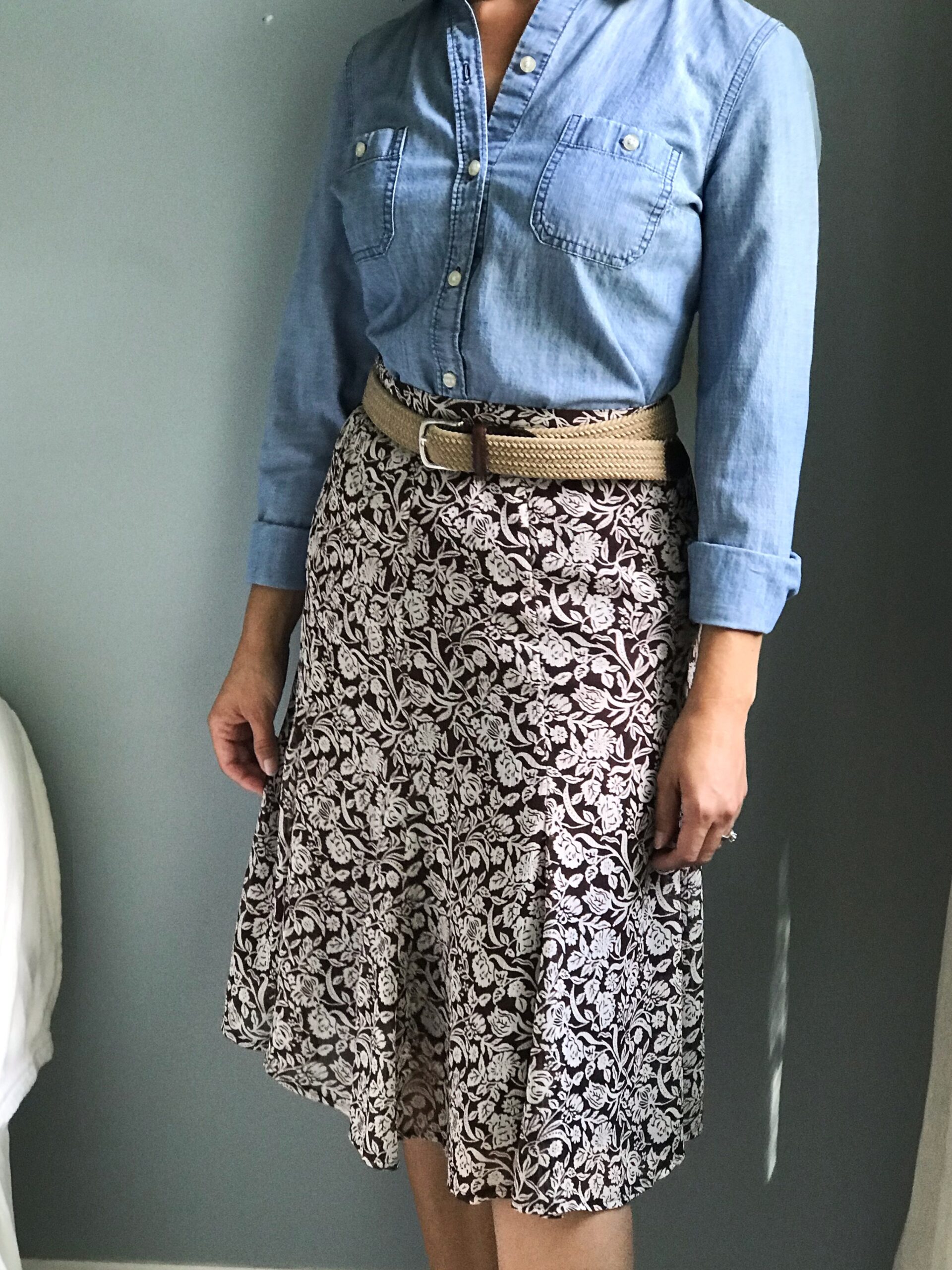 Feminine fall classic and trendy outfit with chocolate brown midi skirt with denim blouse
