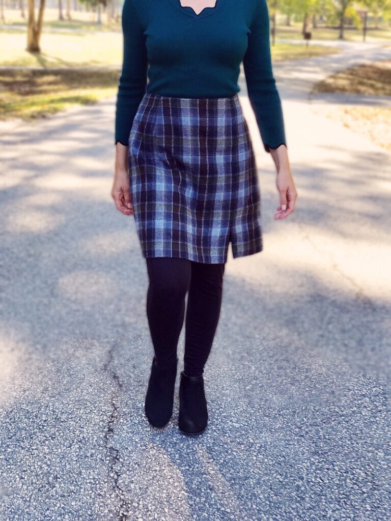 feminine fall outfit plaid wool skirt