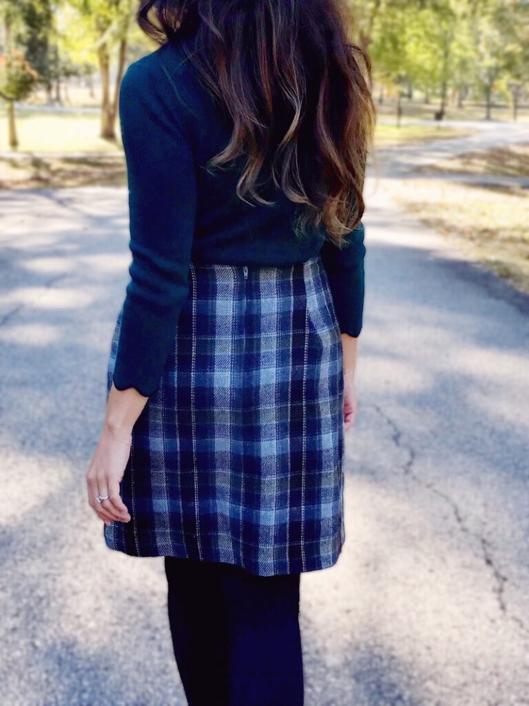 plaid wool skirt outfit idea