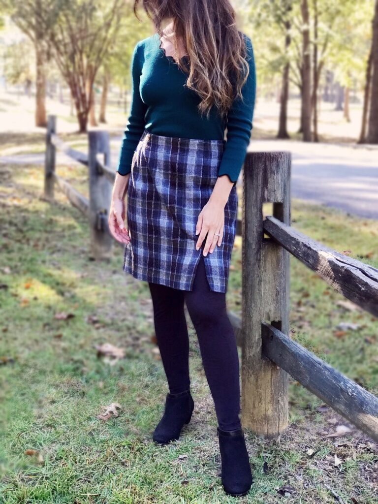 feminine classy fall outfit wool plaid skirt and leggings