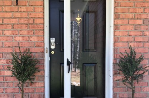 myrtle tree flanking front door for spring front porch decor