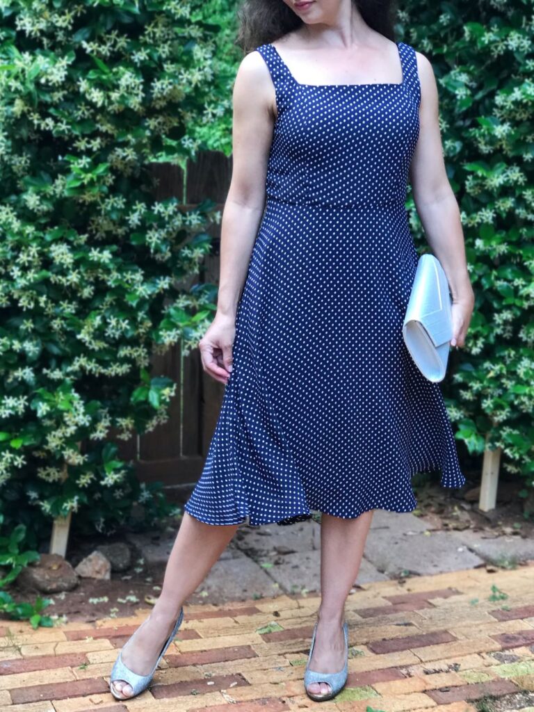 navy blue polka dot midi dress classic outfit