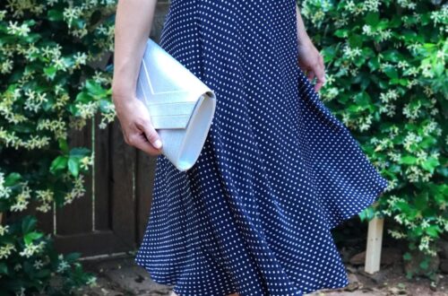 navy blue polka dot midi dress classic outfit