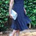 navy blue polka dot midi dress classic outfit