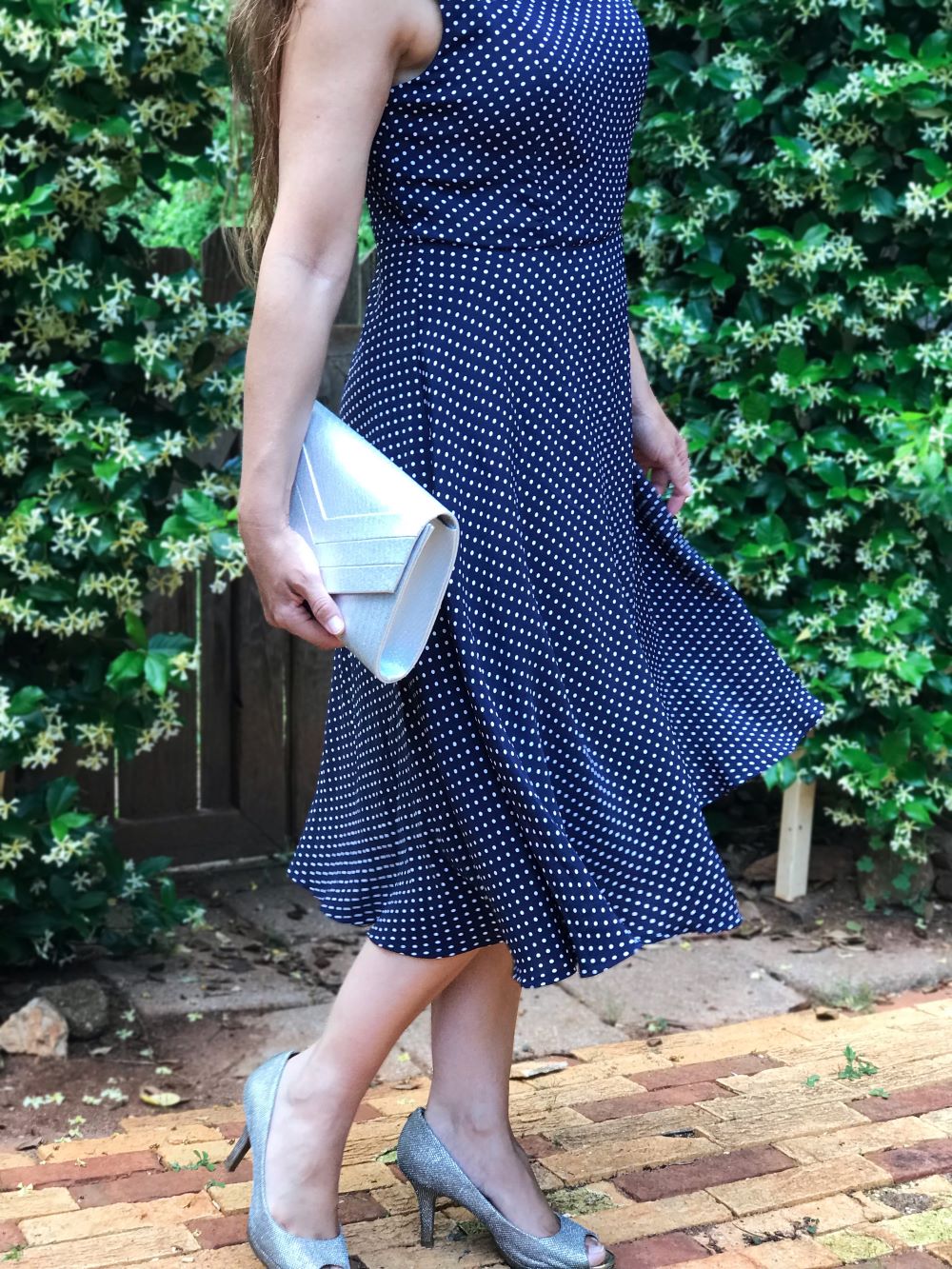 navy blue polka dot midi dress classic outfit