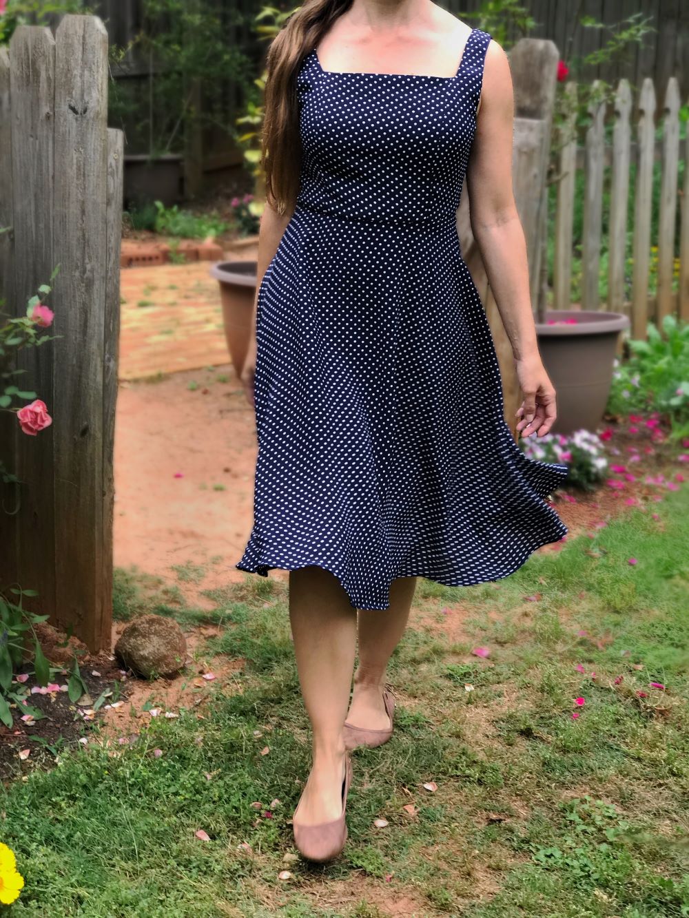 chic feminine french style navy blue polka dot midi square neck dress