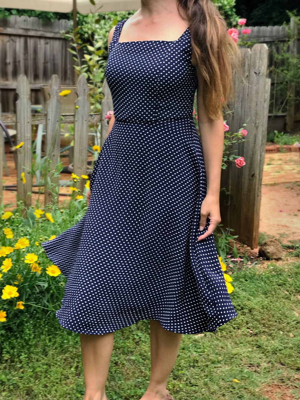 spring dress navy blue polka dot midi square neck dress