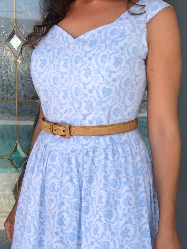 blue and white floral summer dress with belt
