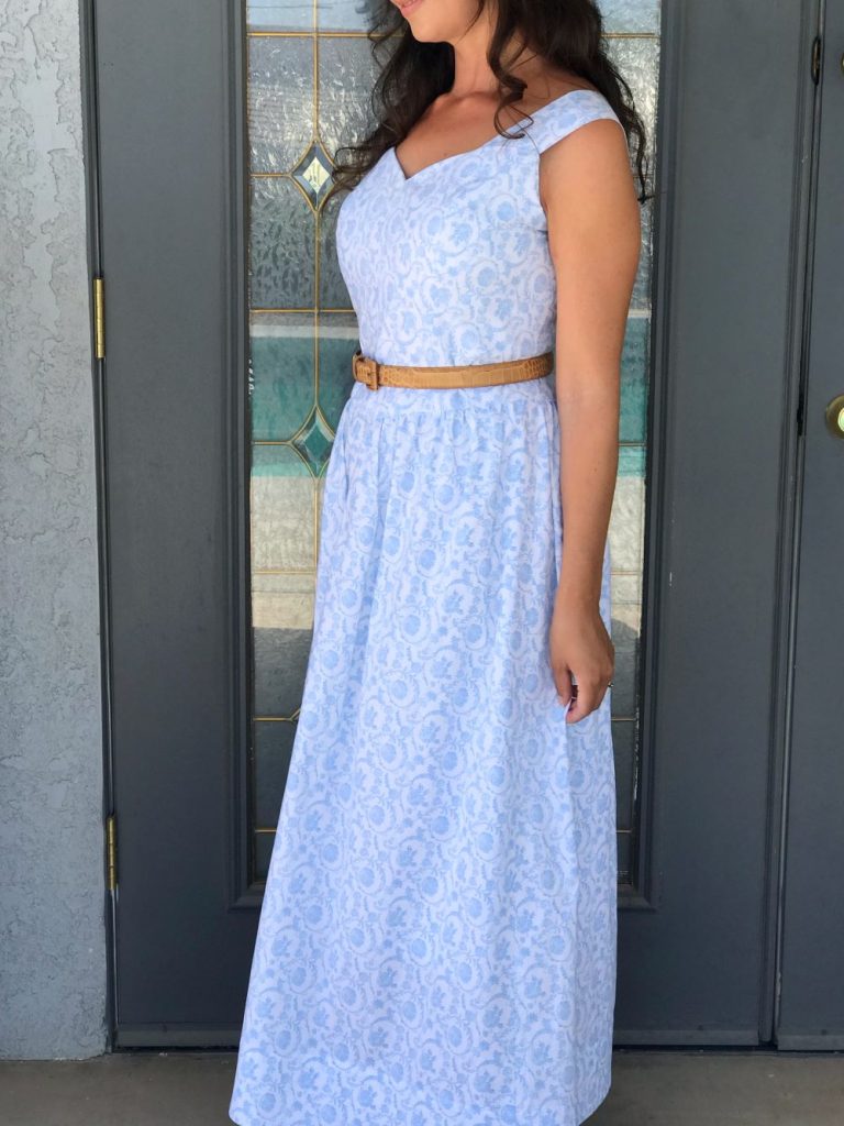 blue and white floral summer dress with belt