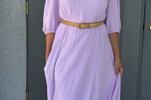 lavender princess seam midi dress with puffed sleeves