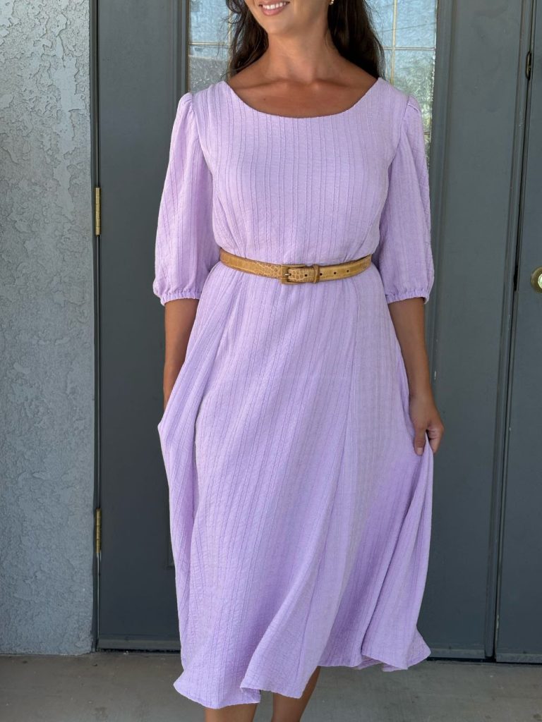 lavender princess seam midi dress with puffed sleeves