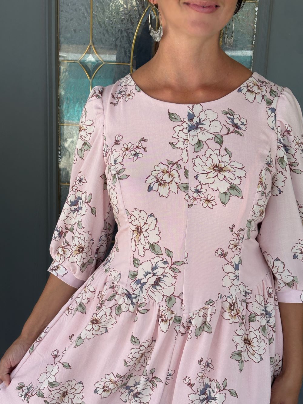 laura ashley style princess waist puff sleeved dress in light pink floral fabric