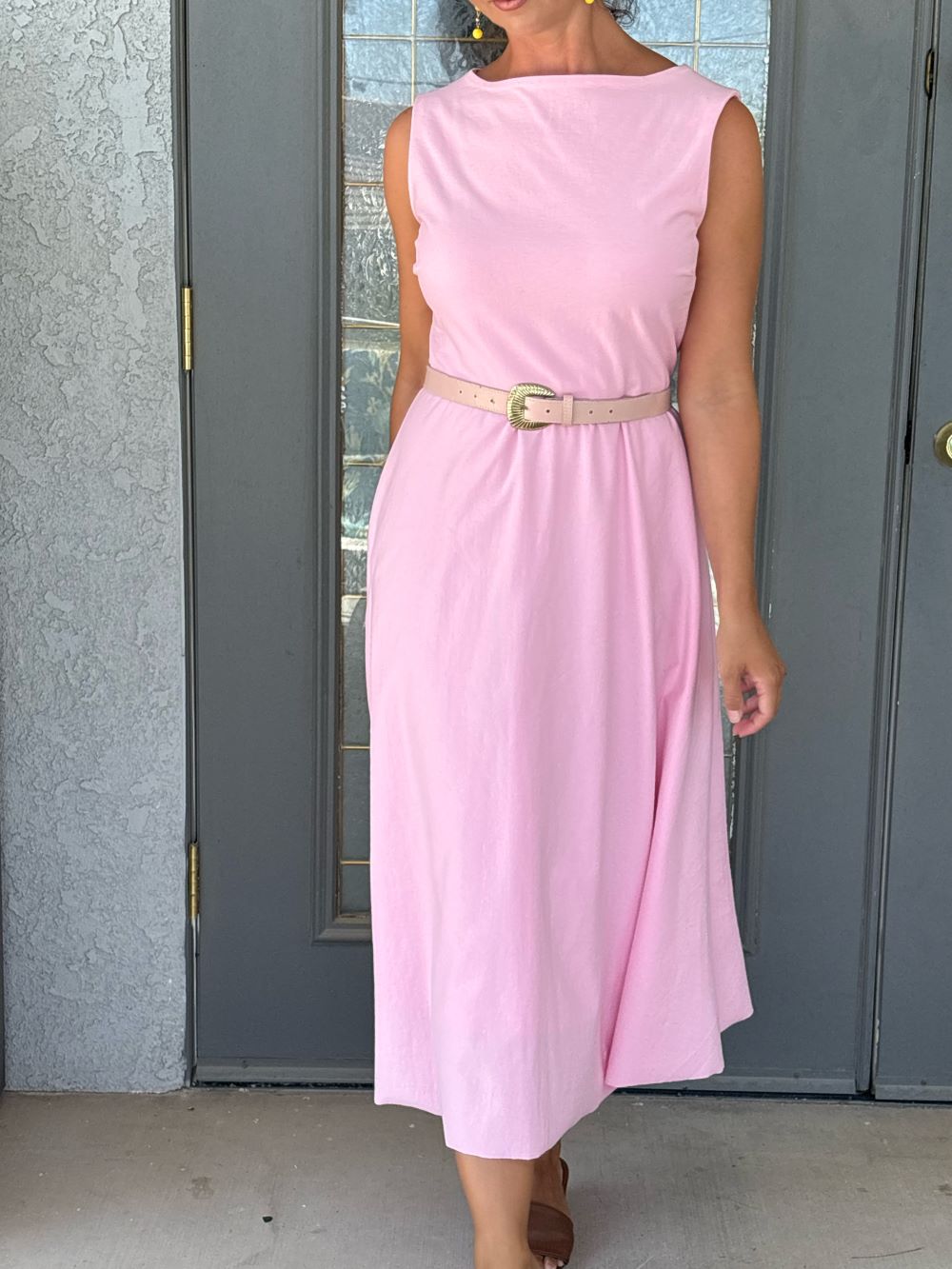 boat neckline pink midi dress