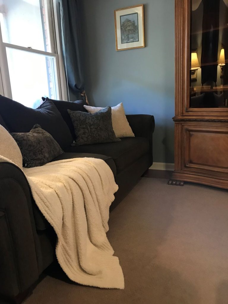 cozy living room with green sofa and blue painted walls and wood furniture